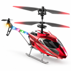 Rear three-quarter view of the red and silver coaxial RC helicopter on a white studio background.