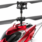 Close-up of the red and silver RC helicopter's coaxial rotor assembly.