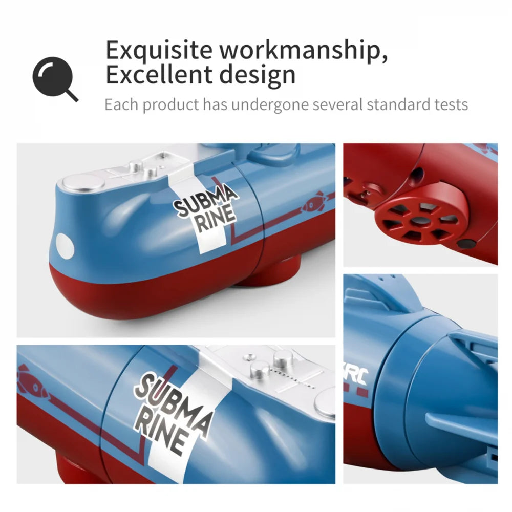 Model submarine with 'Subma Rine' branding, shown from different angles on a white background.