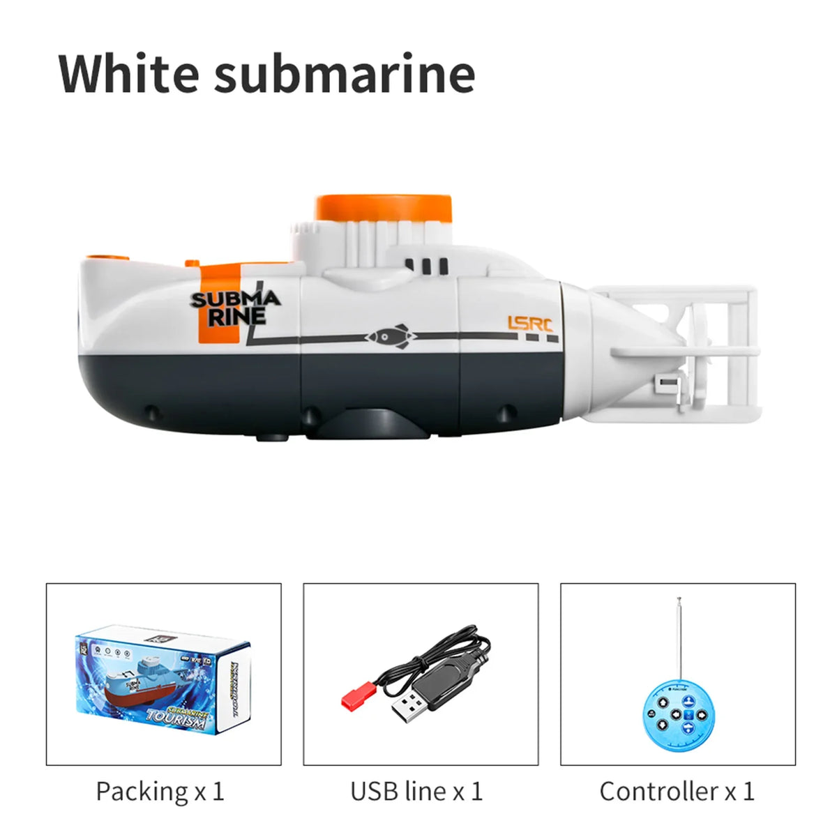 White submarine with accessories on a white background
