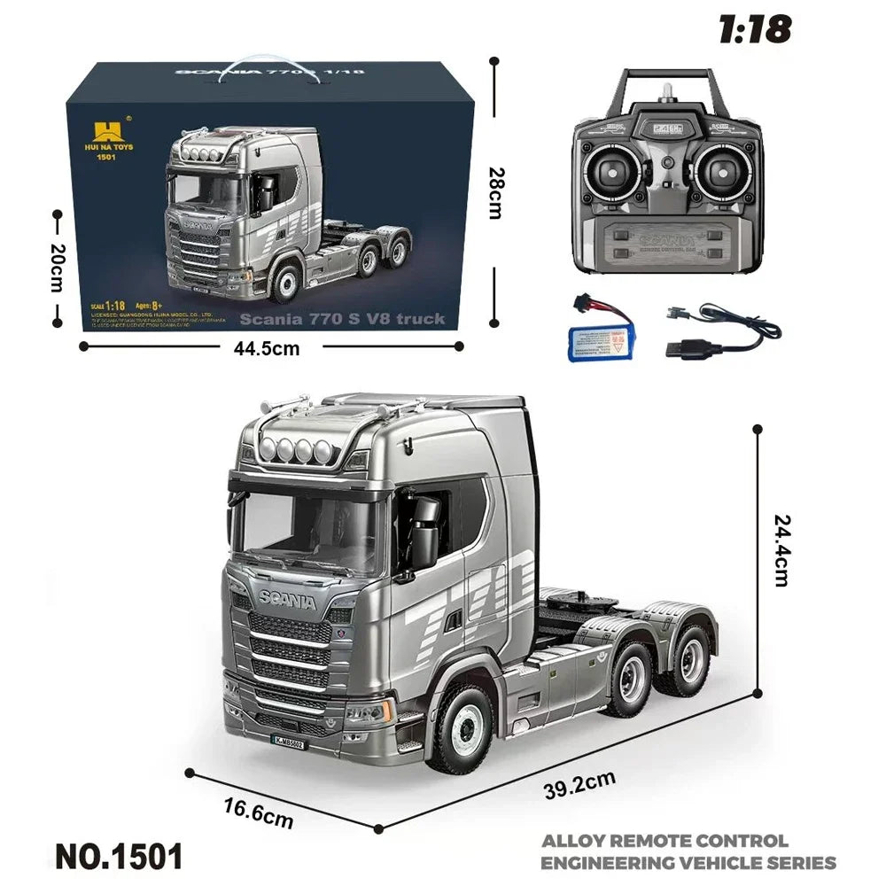 Model truck with remote control, packaging, and dimensions displayed.