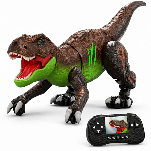 Brown and green RC T-Rex dinosaur with forehead camera and matching LCD controller resting beside it, no people or hands