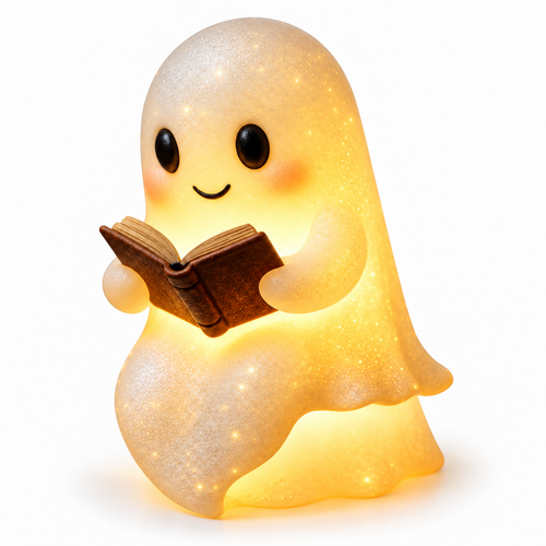 6-Inch Cute Ghost Reading Book Lamp Halloween Night Light viewed three-quarter left on white