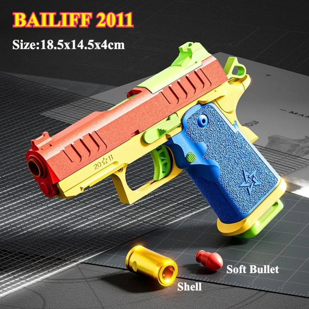 Colorful toy gun with soft bullet shell on a grid background, featuring the brand 'Bailiff 2011'.