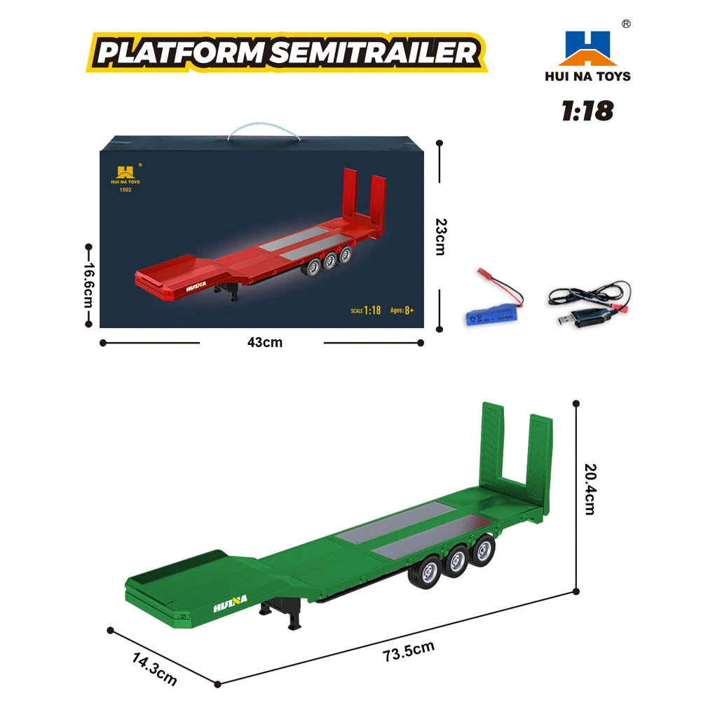 Model of a platform semitrailer with dimensions and accessories on a white background