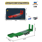 Model of a platform semitrailer with dimensions and accessories on a white background