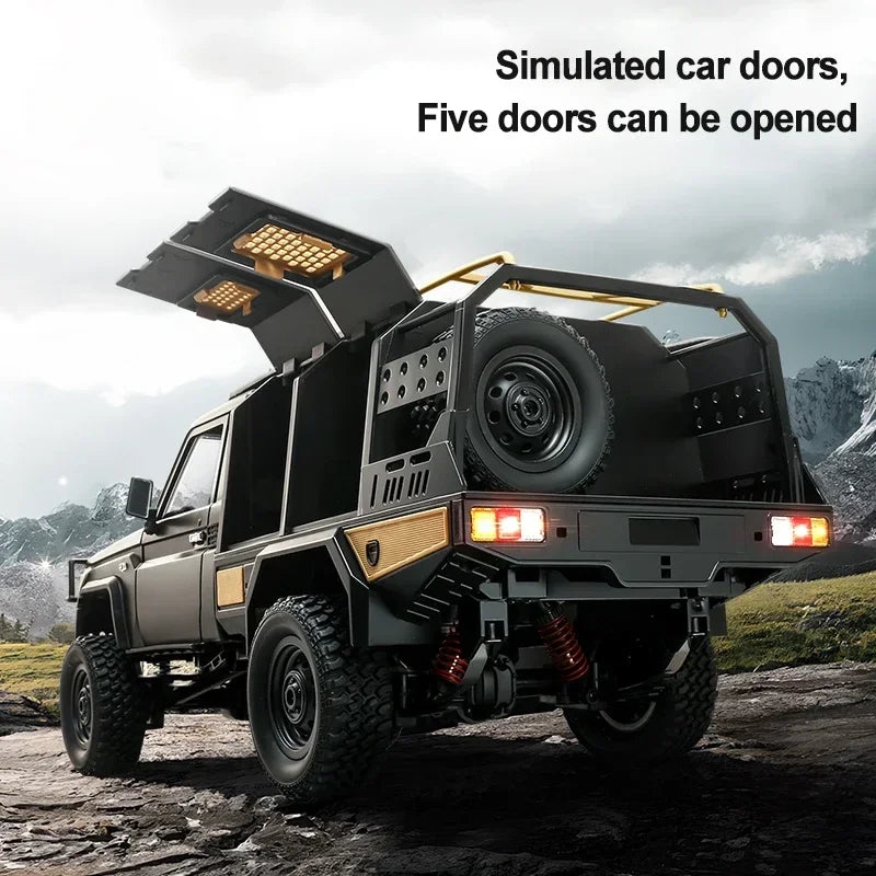 Off-road vehicle with open doors in a mountainous landscape