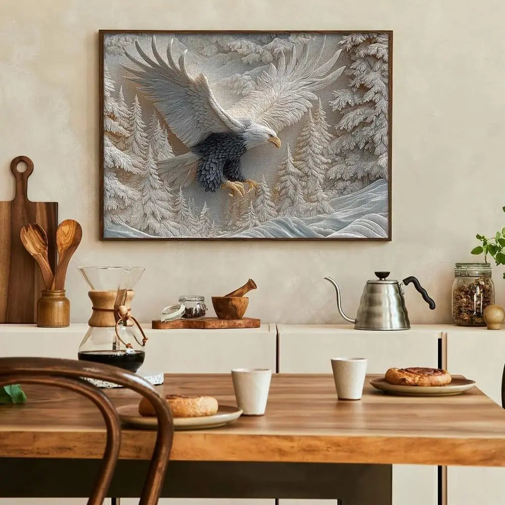 Dining room with a wooden table, chairs, and a large framed painting of an eagle.