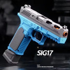 Blue and gray gun model with 'SIG17' branding on a dark background