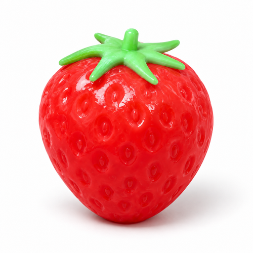 Strawberry squishy fidget toy, front three-quarter view on white background