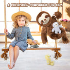 Child sitting on a swing with plush toys, including a sloth and a bear, with text 'A Cherished Companion for Kids' above.