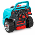Rear dashboard of teal mechanic playset with steering wheel, gauges and gear shifter