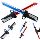 Red and blue light-up toy swords shown crossed, separate and joined in different configurations on a white background.