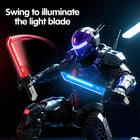Promotional illustration of an armoured robot holding red and blue glowing toy swords, with text describing swing-to-light activation.