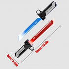 Red and blue toy swords on a white background with measurements showing 34 cm overall length and 8 cm width.