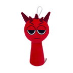 Red devil-themed plush toy character with horns and cartoon face on a white background