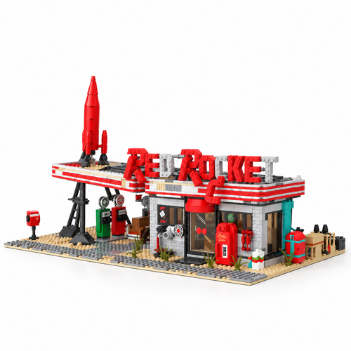 Red Abandoned Gas Station Building Set | 2221PCS Doomsday House | Toylvia - alternate view