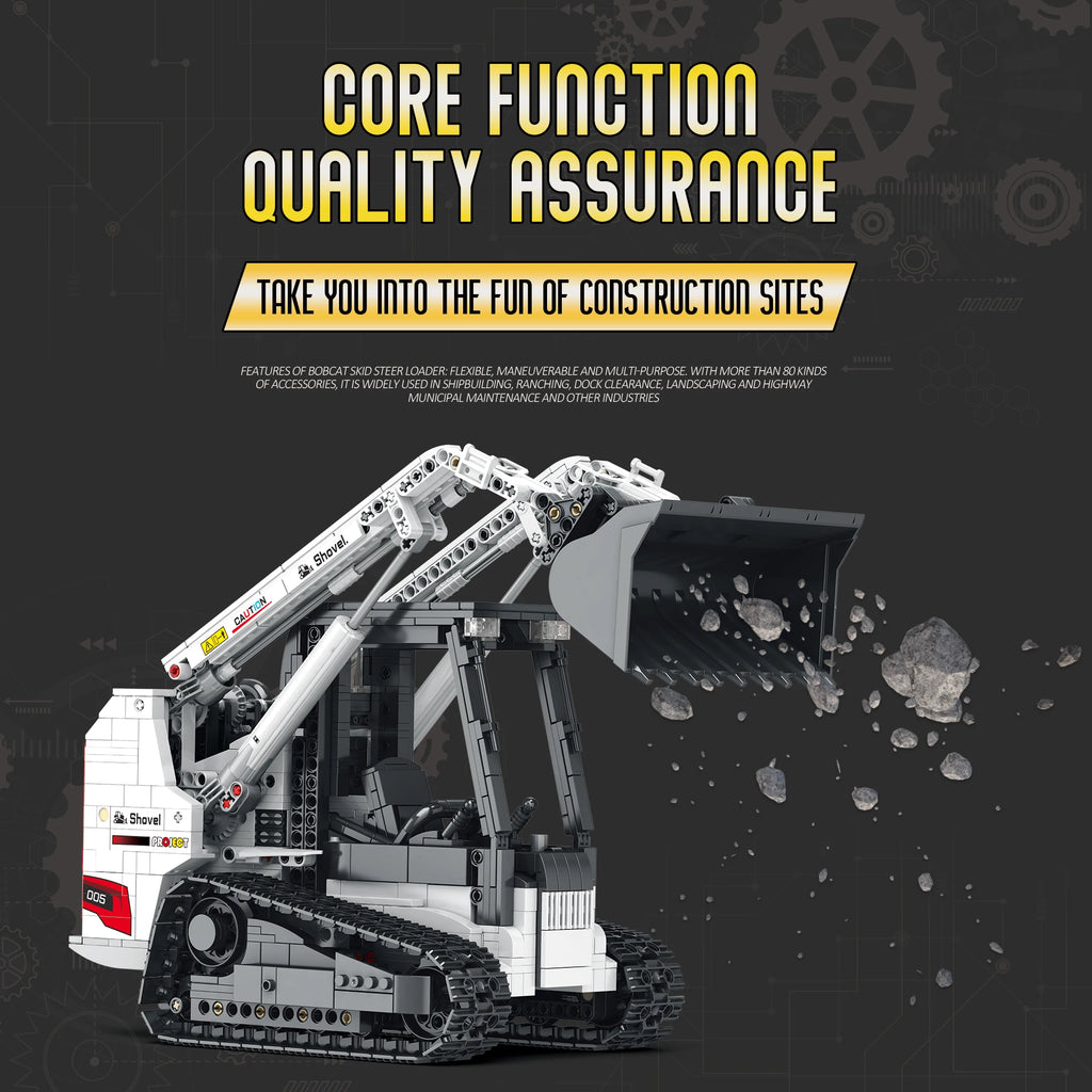 Model of a construction vehicle with text about core functions and quality assurance on a dark background.
