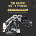 Model of a construction vehicle with text about core functions and quality assurance on a dark background.