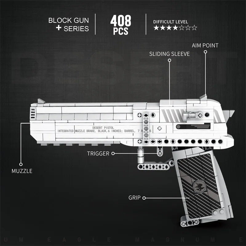 Diagram of a block gun model with labeled parts on a black background