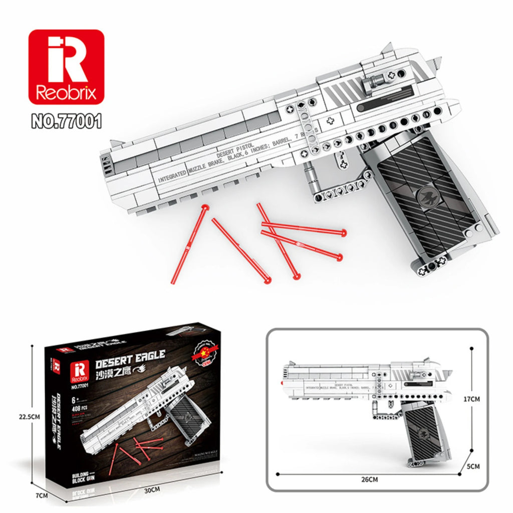 Toy gun set with packaging and measurements on a white background, featuring Reobrix brand.