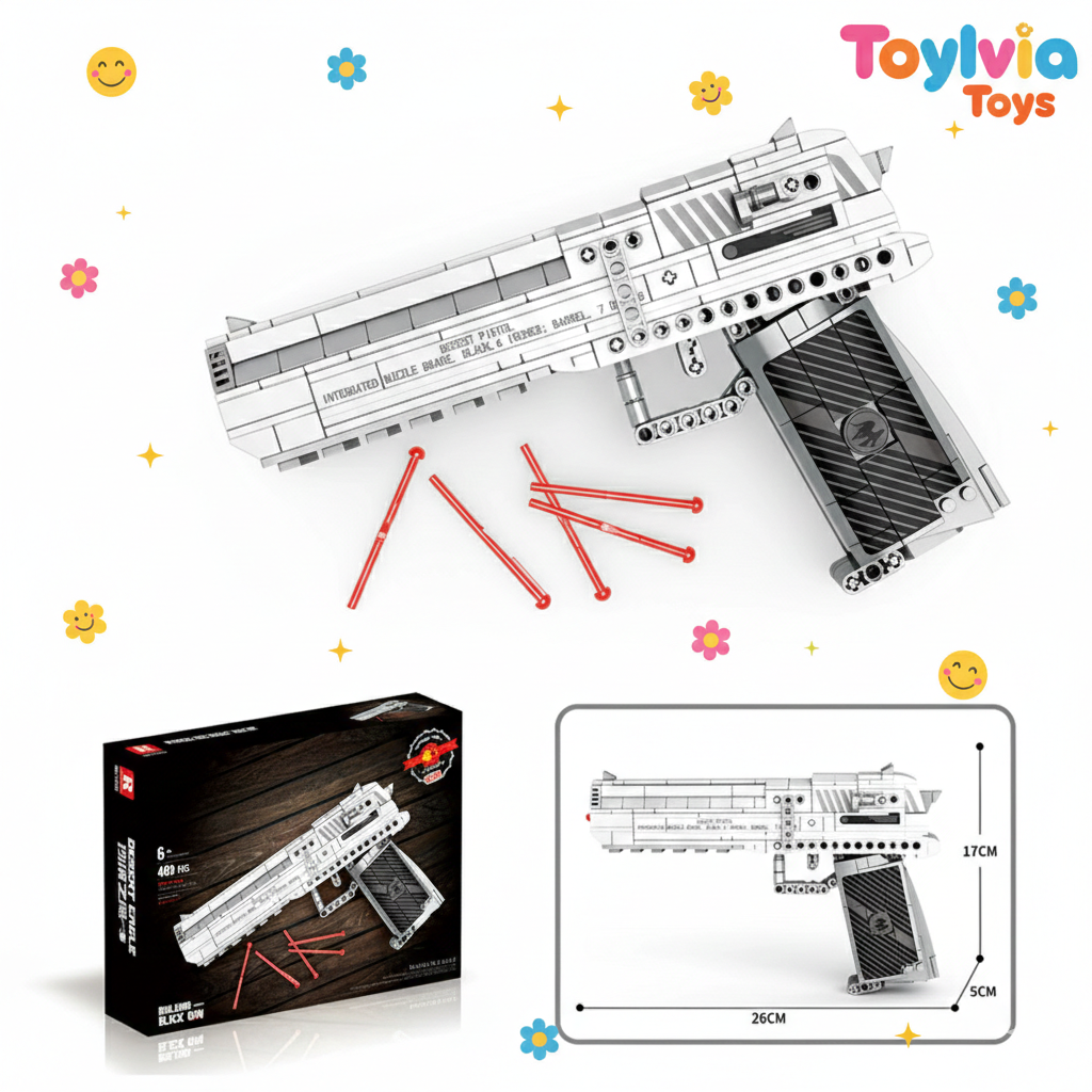 Toy gun set with packaging and measurements on a white background, featuring the Toylivia Toys brand. Main image