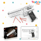 Toy gun set with packaging and measurements on a white background, featuring the Toylivia Toys brand.