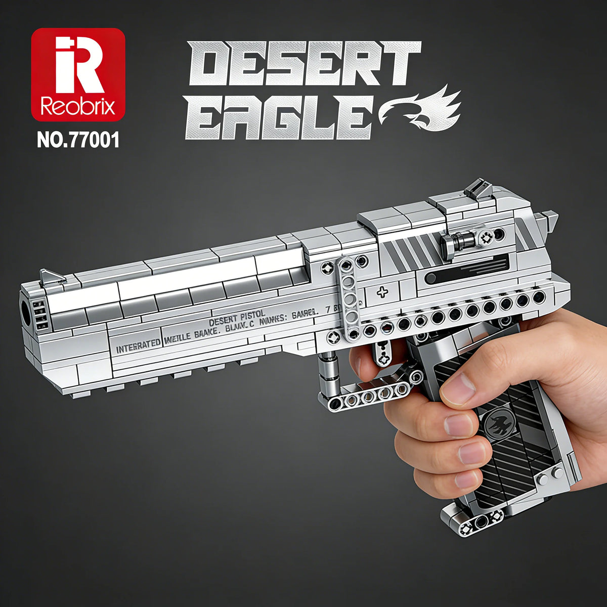 Toy desert eagle gun held in a hand with Reobrix logo above on a dark background