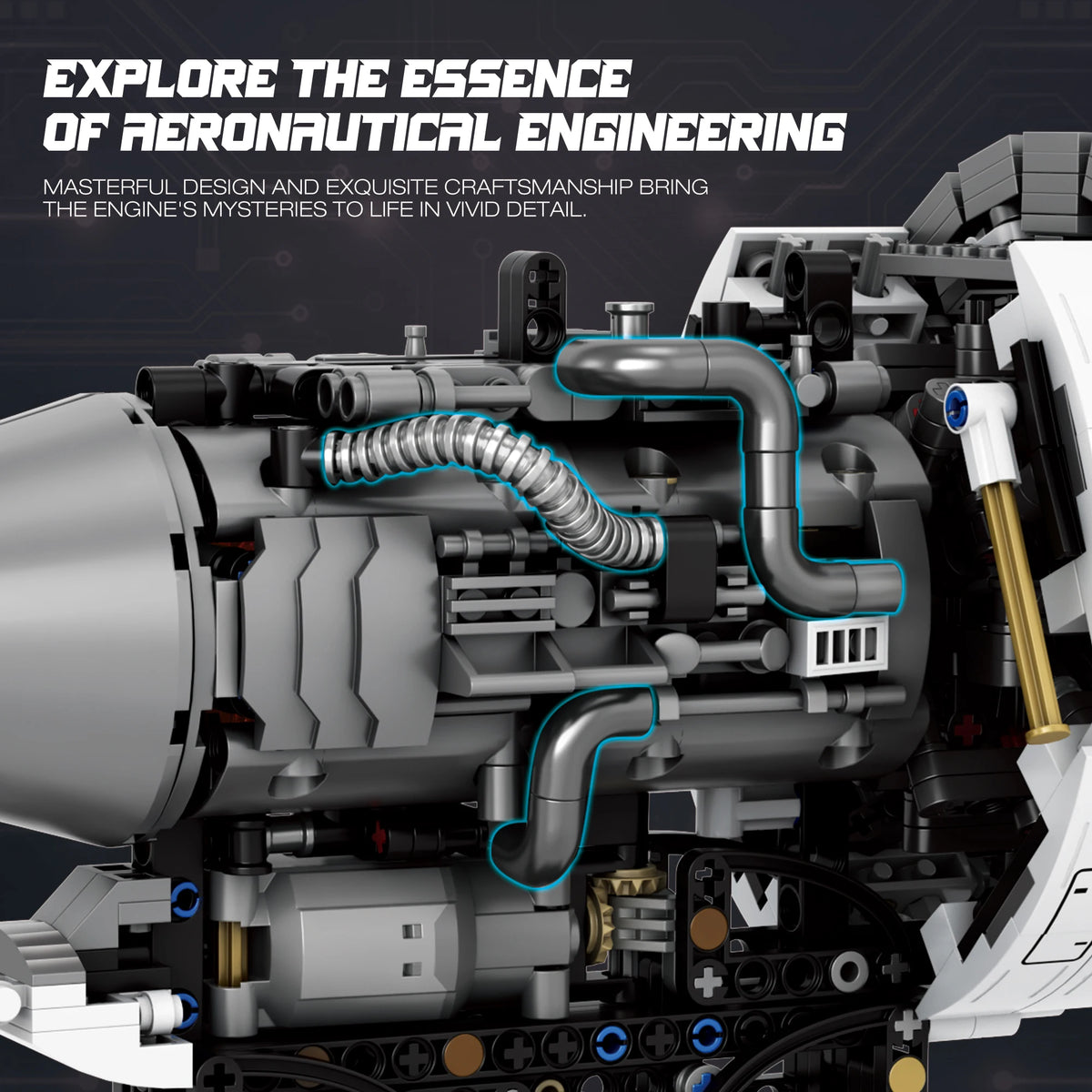 Close-up of a detailed model engine with text about aeronautical engineering.