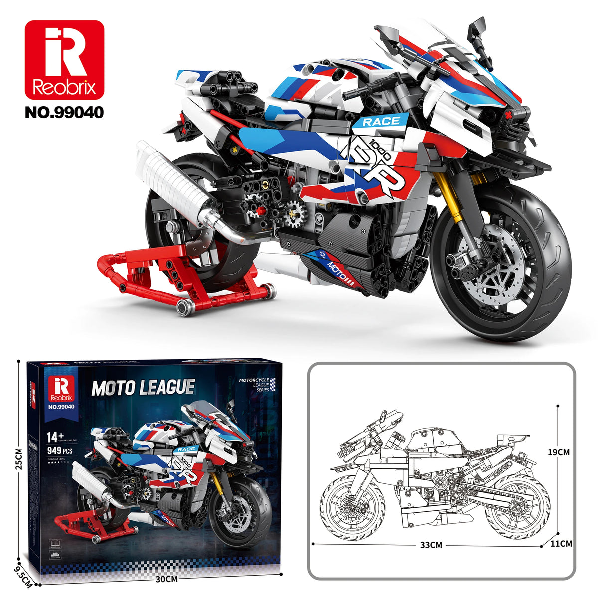 Toy motorcycle set with packaging and assembly diagram on a white background