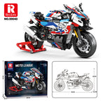 Toy motorcycle set with packaging and assembly diagram on a white background