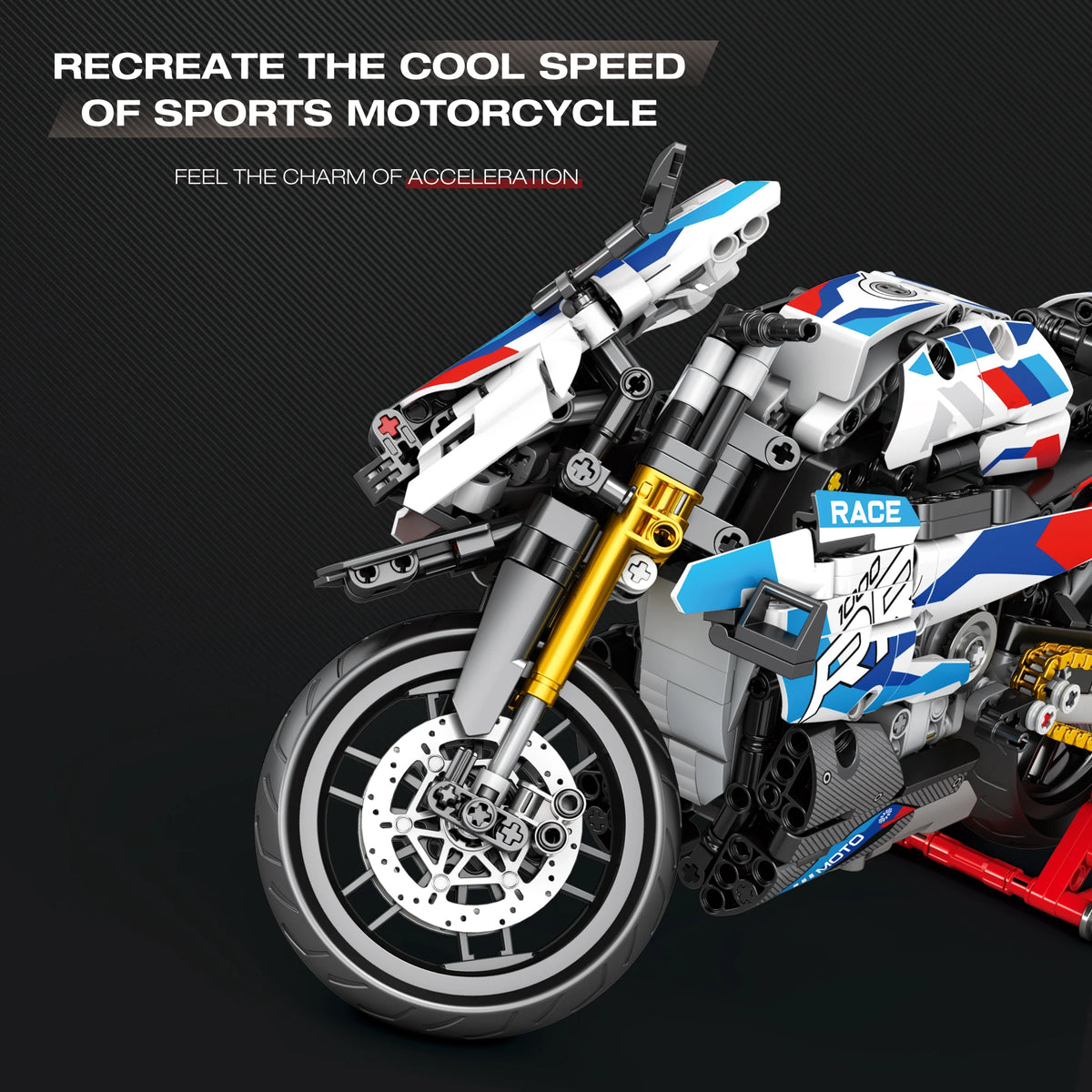 Model motorcycle made of interlocking bricks on a dark background with text about speed and acceleration.