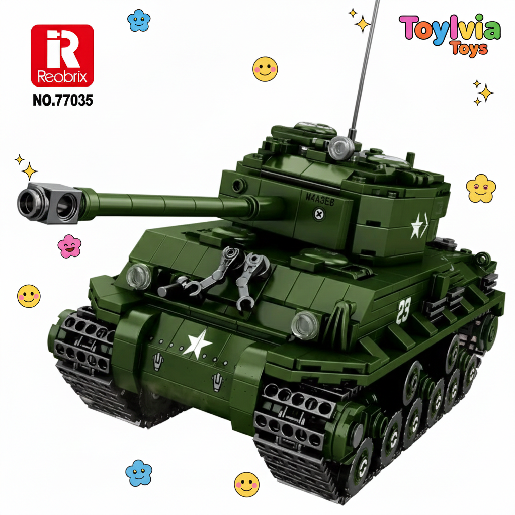 Model tank toy with Reobrix branding