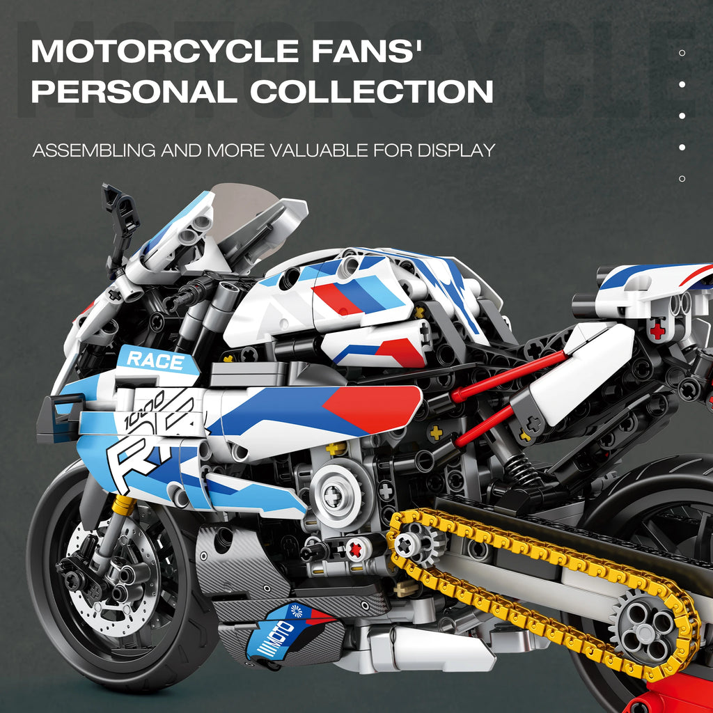 Model motorcycle kit with blue, red, and white design on a dark background