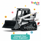 Toy bulldozer model with 'Toylvia Toys' branding and promotional text on a white background