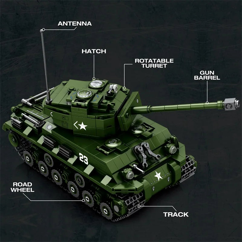 Green tank model with labeled parts on a dark background