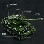 Green tank model with labeled parts on a dark background