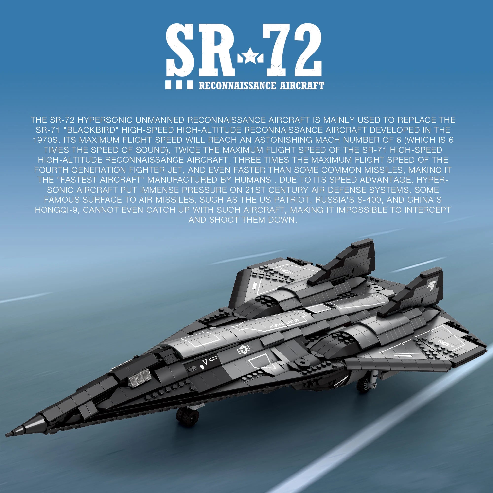 SR-72 reconnaissance aircraft model on a blue background with text