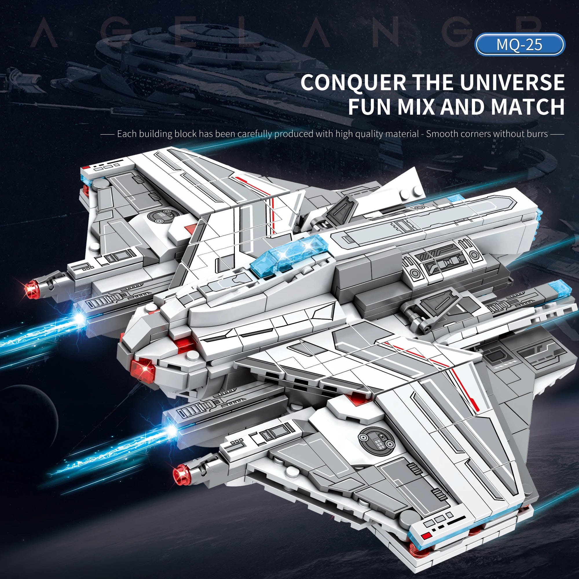 Toy spaceship model with text 'Conquer the Universe Fun Mix and Match' on a dark space-themed background.