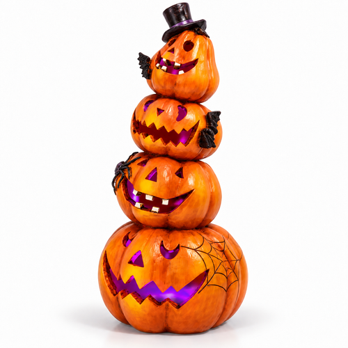 Light-Up Stacked Pumpkin Tower - 9.5-Inch Resin Halloween Decor viewed three-quarter left on white