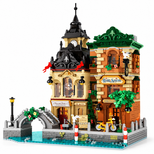 Riverside Bistro & Hair Salon 2,924-piece building block set assembled on a white studio background