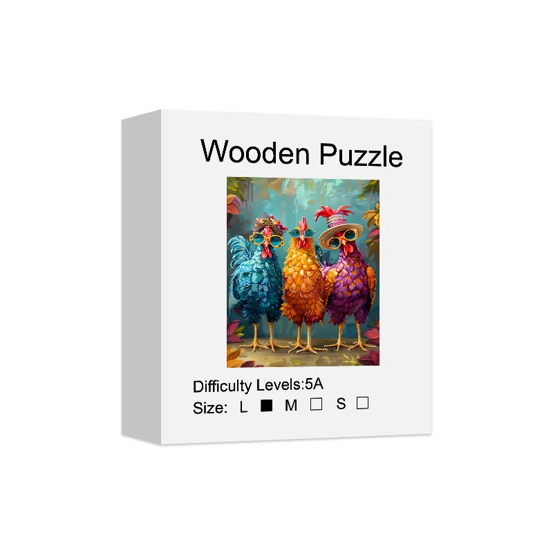 Side view of wooden jigsaw puzzle box with colorful rooster design, showing premium packaging and product details