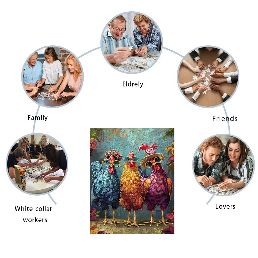 Colorful rooster wooden jigsaw puzzle enjoyed by adults, families, friends, and couples as a relaxing and social puzzle activity
