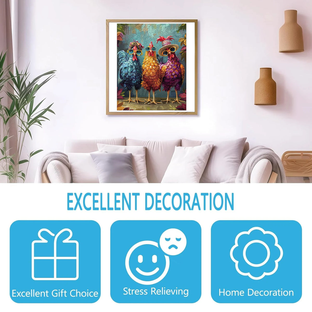 Colorful rooster wooden jigsaw puzzle displayed as wall art in a living room, highlighting home decor, stress relief, and gift benefits