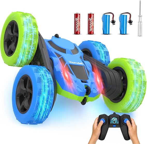 Fresh aqua double-sided 4WD RC stunt car standing angled on a clean white background.