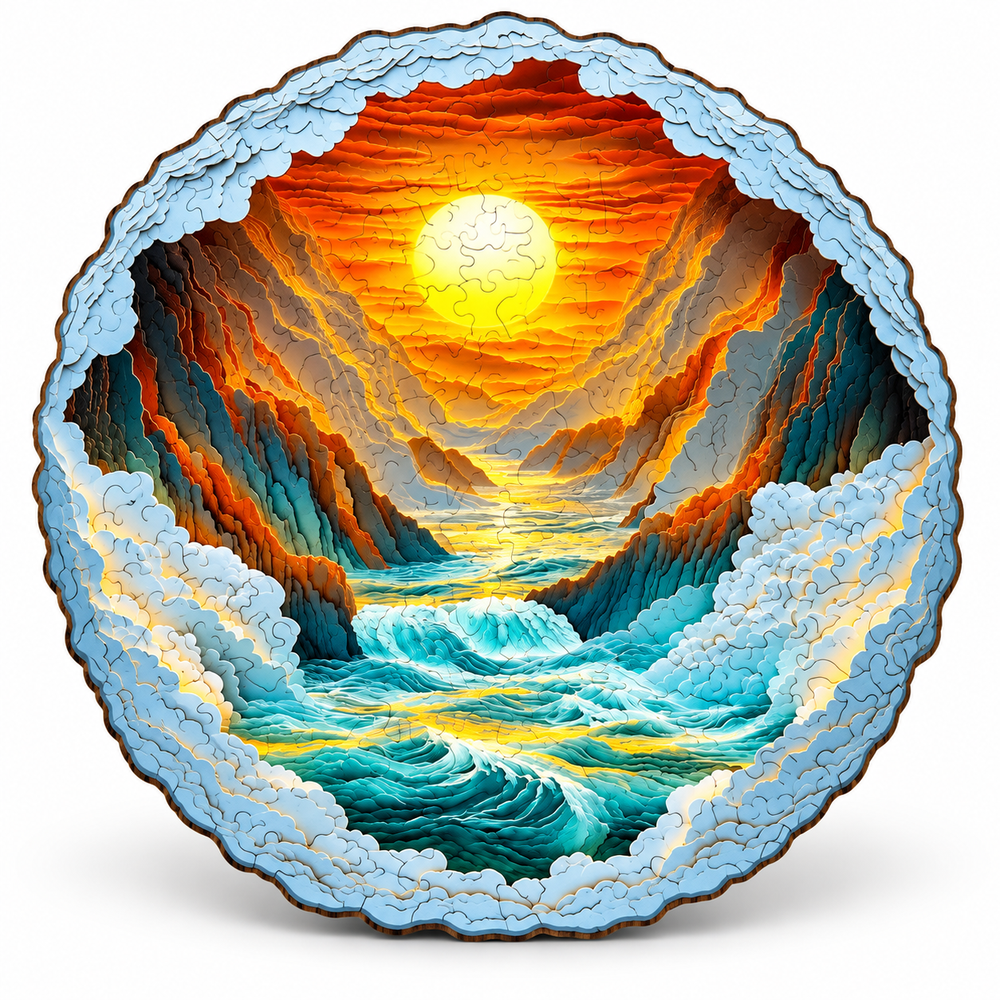 Round Cliff Sea Sunset Wooden Puzzle Irregular Nature Art