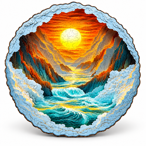 Round Cliff Sea Sunset Wooden Puzzle Irregular Nature Art product photo