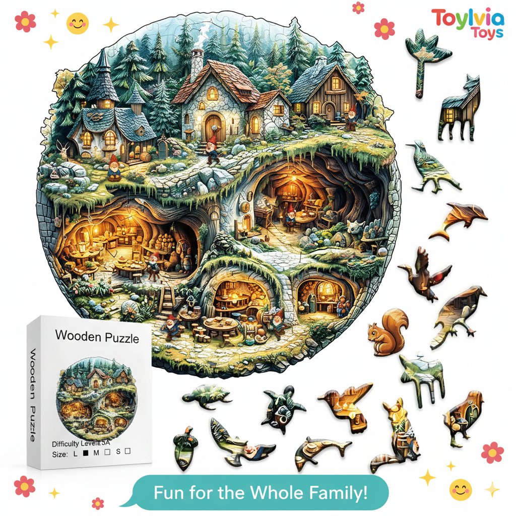 Wooden puzzle with a fantasy village scene and various animal pieces, branded as Toylivia Toys. Main image