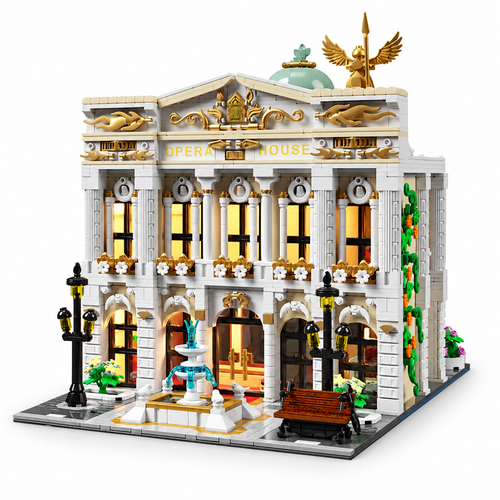 The Royal Opera House building-block set in a white studio, front three-quarter view
