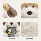 Collage of a plush bear with close-up details on a light beige background
